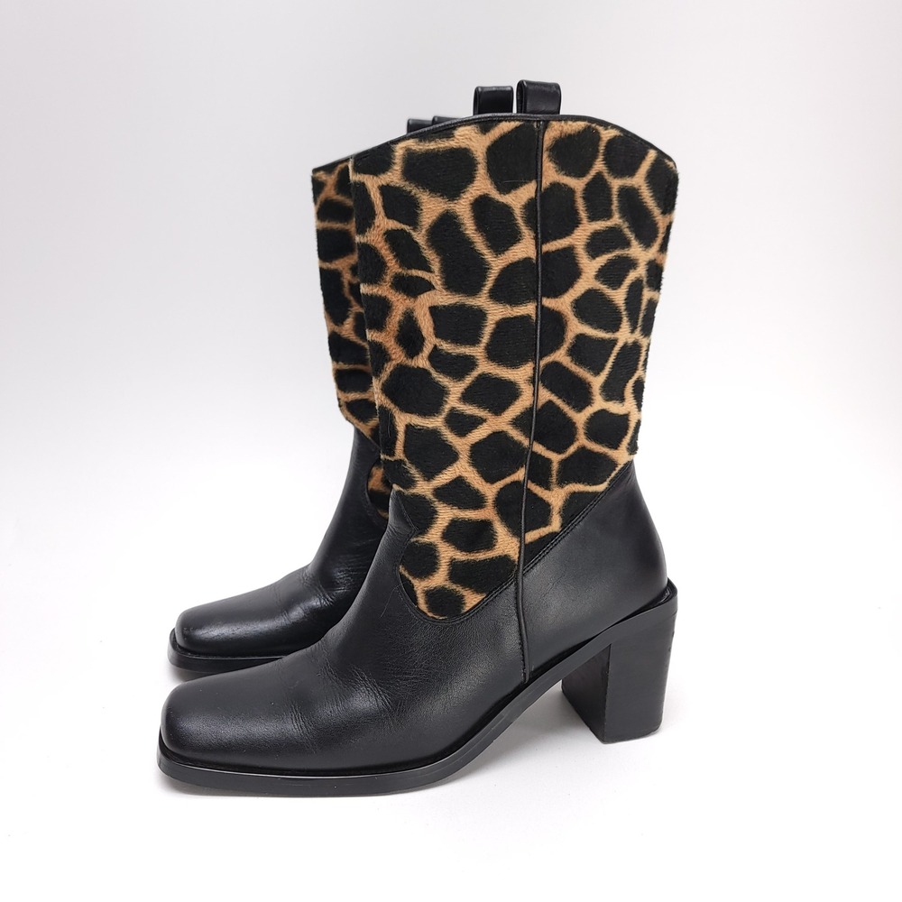 Danelle Heat Womens Black Leather Giraffe Print Square Toe Block Heel Boots 6.5M